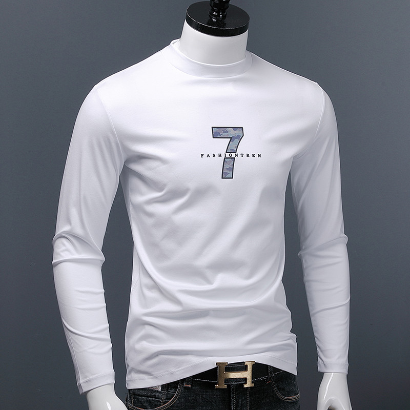 Camiseta masculina pequena com gola redonda e manga comprida primavera outono Slim Fit No. 7 Camiseta estampada de algod