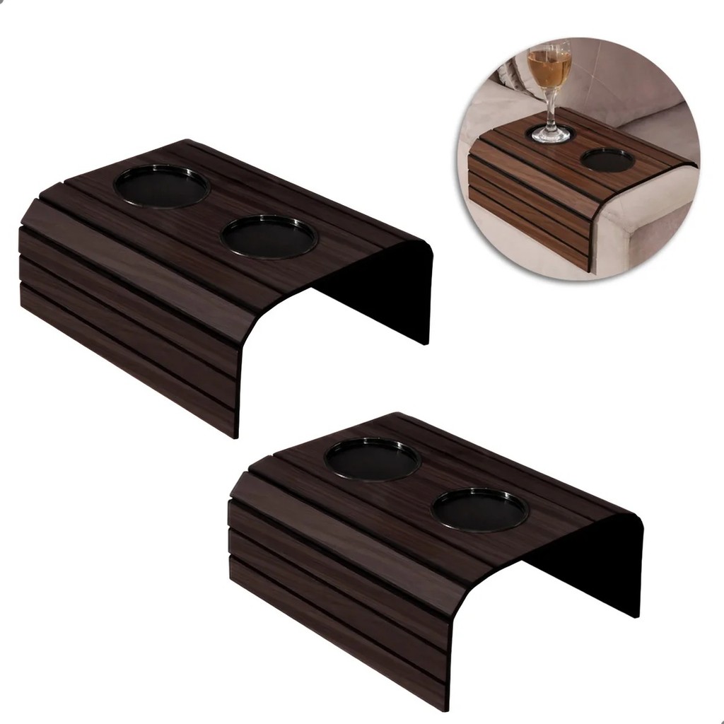 Kit 2 Suportes Sofá Mdf 2 Porta Copos Design Moderno Frisos Pretos Estável Prático Sala Poltrona Ergonômico Ajustável