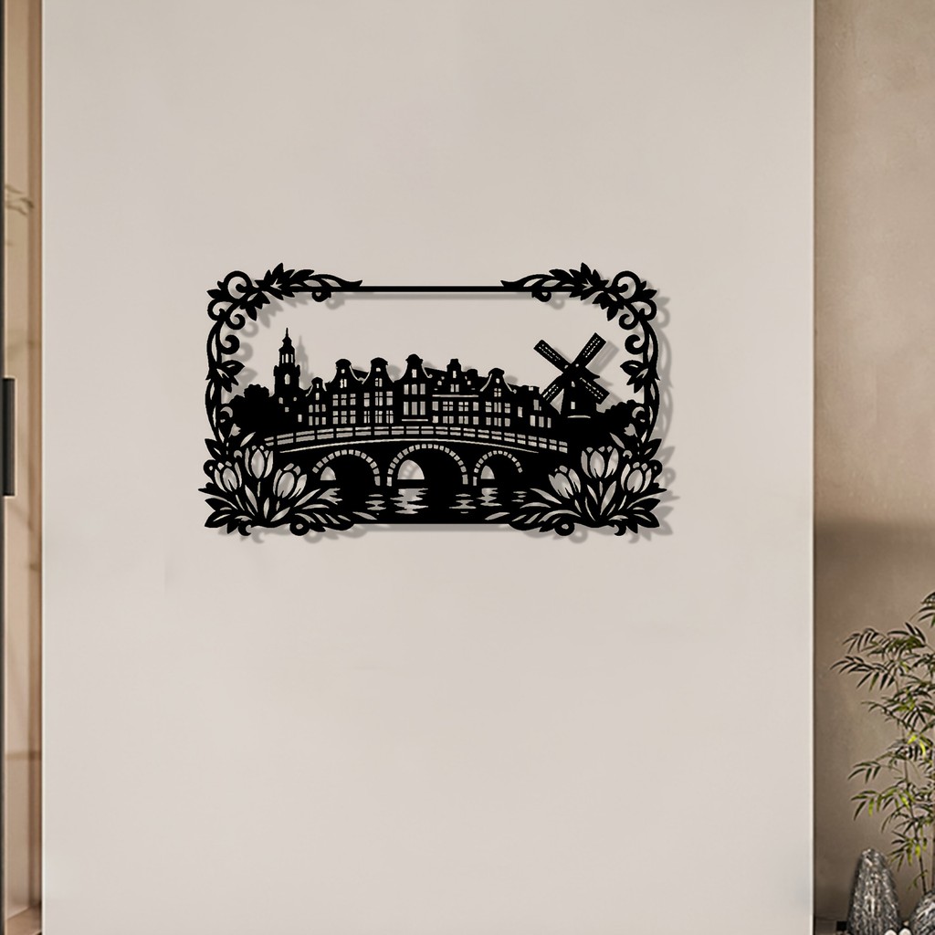 CIFbuy Moinho De Vento Holandês Arte De Parede De Metal À Prova De Ferrugem Decoração De Cerca De Jardim Escultura Mural