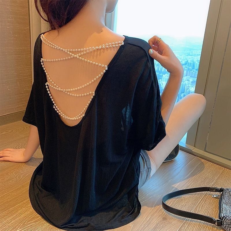[Oferta especial de novo produto] Camiseta feminina de manga curta 2025 frente única solta pérola semitransparente Sexy