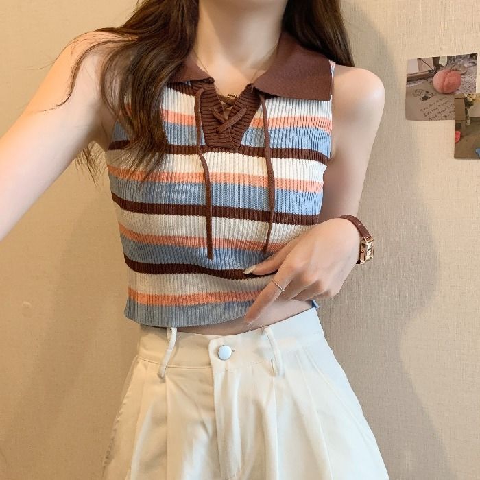 Polo polo colarinho colete de malha estilingue listrado camisola feminina verão Retro contraste cor polo colarinho atado
