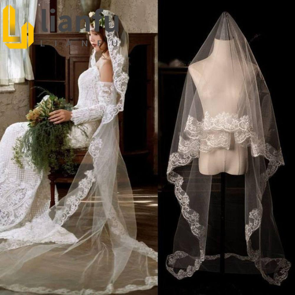 Véu De Noiva LIANFU , Véus De Casamento Longos E Macios De Tule , Gaze De Cabeça Com Flor De Renda Branca De Camada Únic