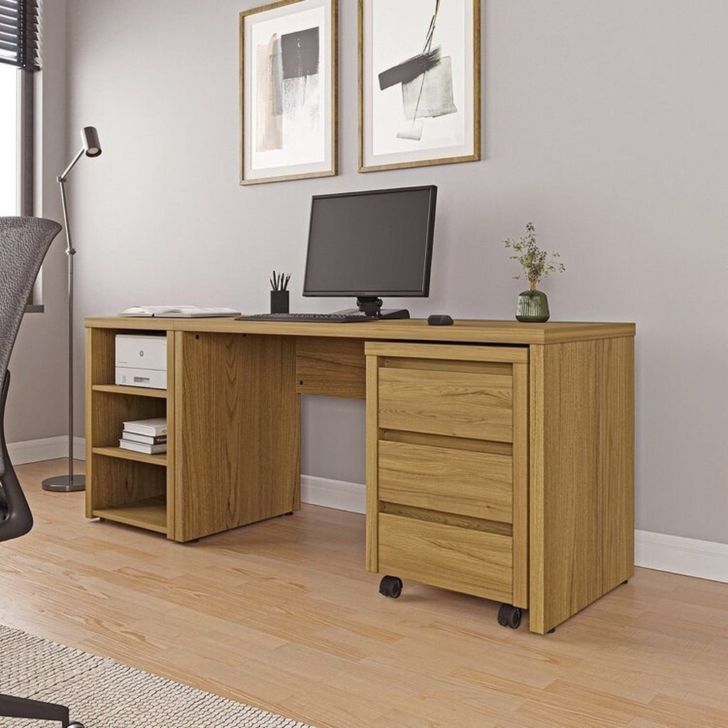 Escrivaninha Mesa Escritório com Gaveteiro com Rodízio e Prateleiras Ficus 135cm CabeCasa MadeiraOriginals Rovere
