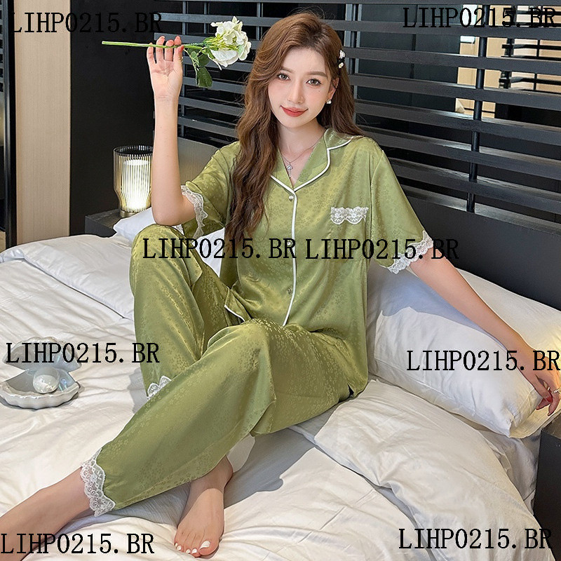 Pijama De Seda Gelo Calça De Verão Feminina De Manga Curta Longa Renda Para Dormir