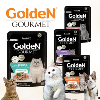 10 Sachês Golden Gourmet Gatos Castrados, Adultos e Filhote sabores Carne, Frango e Atum…