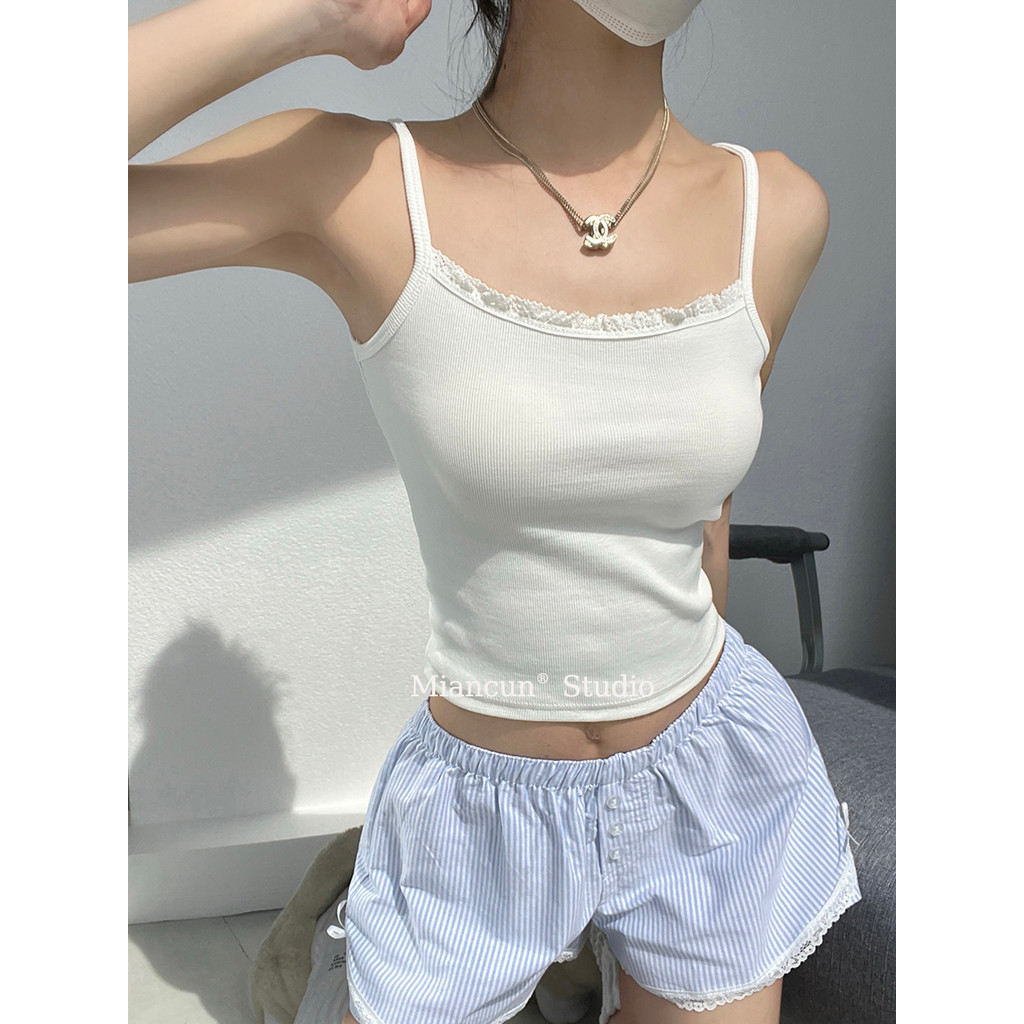 BM MICN American Retro Slim-fit Estilo Curto Colete Interno Feminino Branco Em Camadas Borda de Renda Sling Top Interno