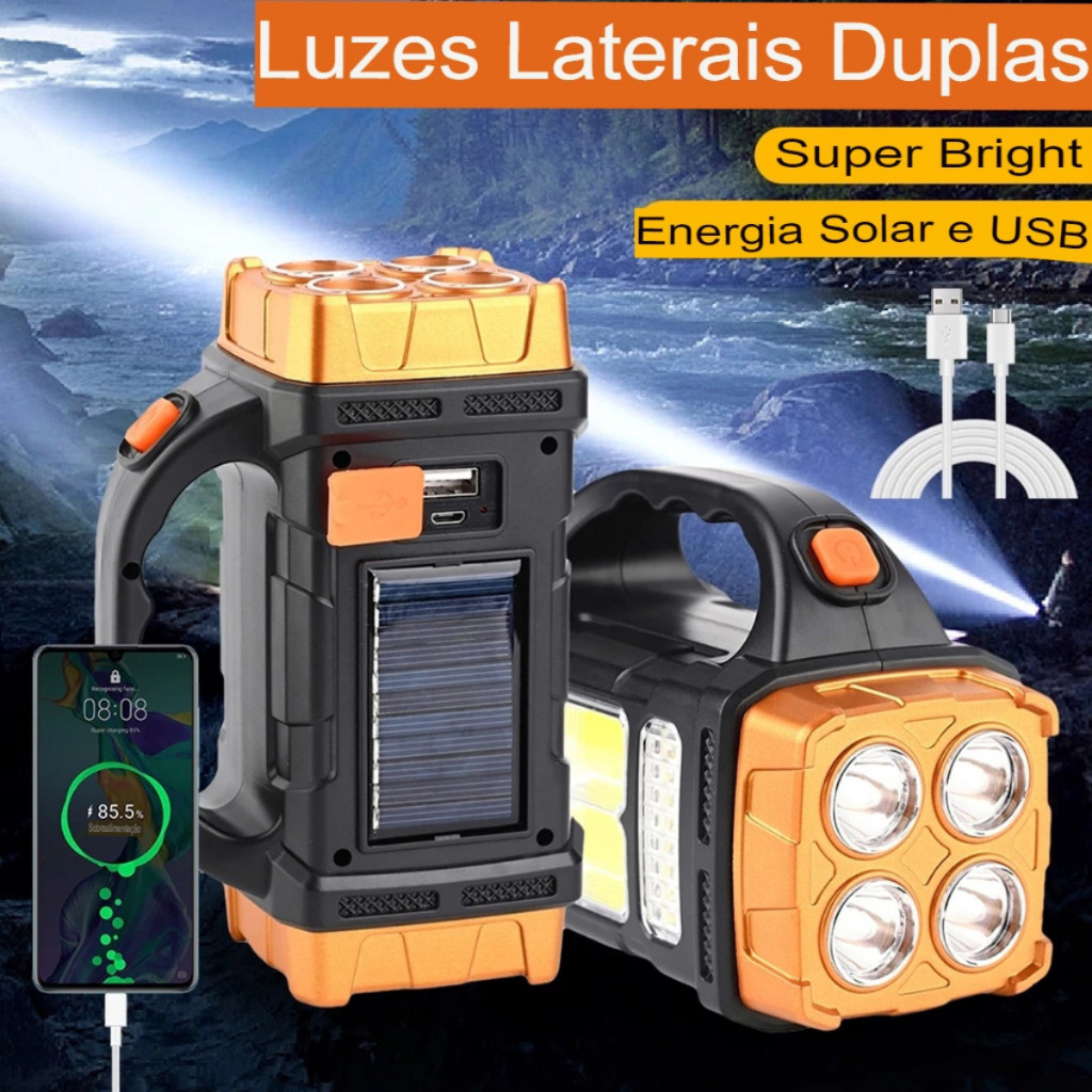 Lanterna de Led Solar Recarregável com entrada USB a prova D'agua Camping holofote