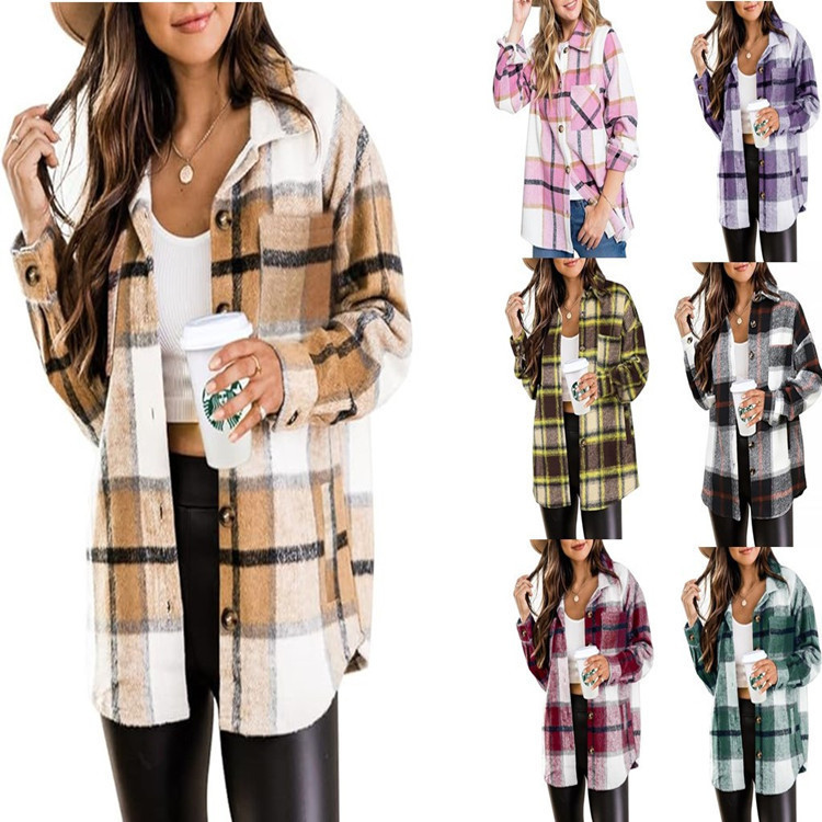 Camisa Feminina De Bolso Xadrez De Lã Solta Com Lapela De Manga Comprida Jaqueta Casual