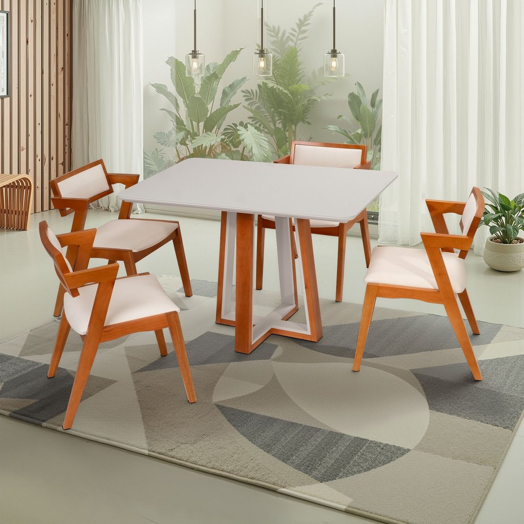 Conjunto Sala de Jantar Mesa 4 Cadeiras Vidro MDF Authentic Champagnhe/Off White