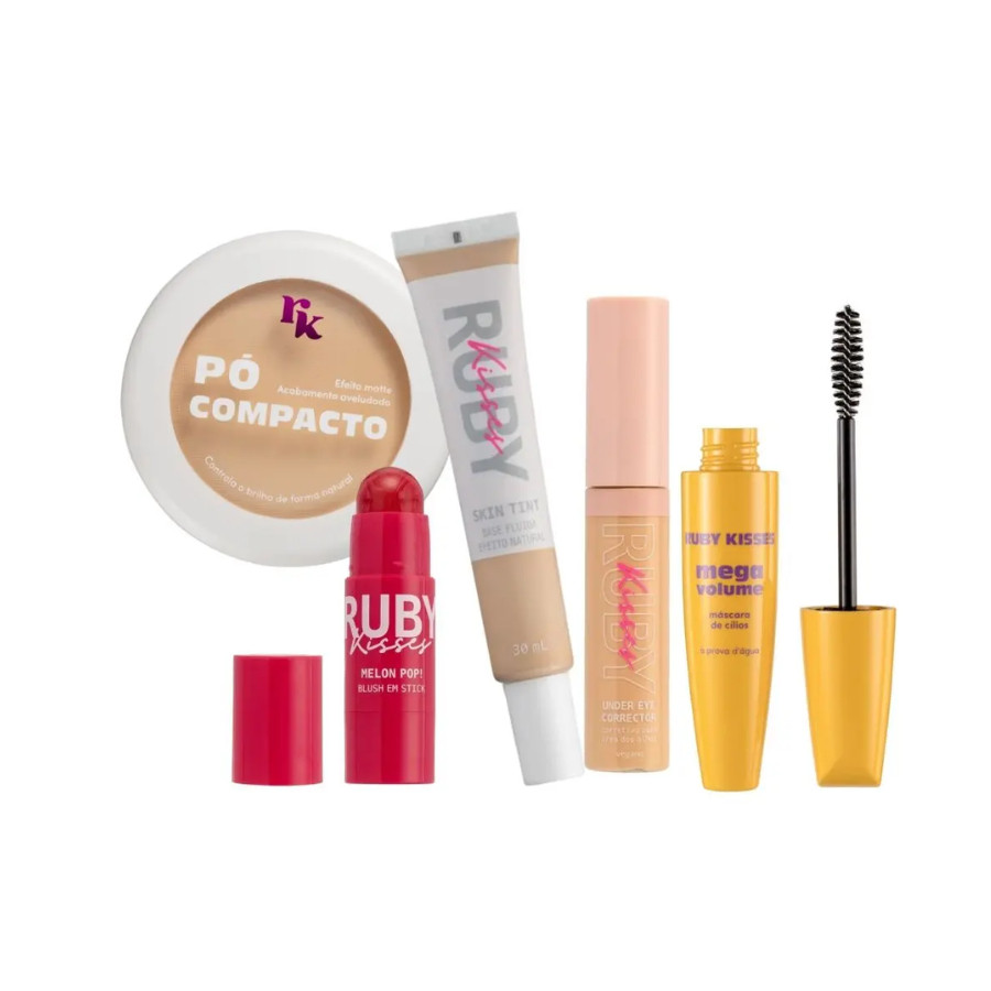 Kit Maquiagem Rímel, Base, Pó, Corretivo e Batom