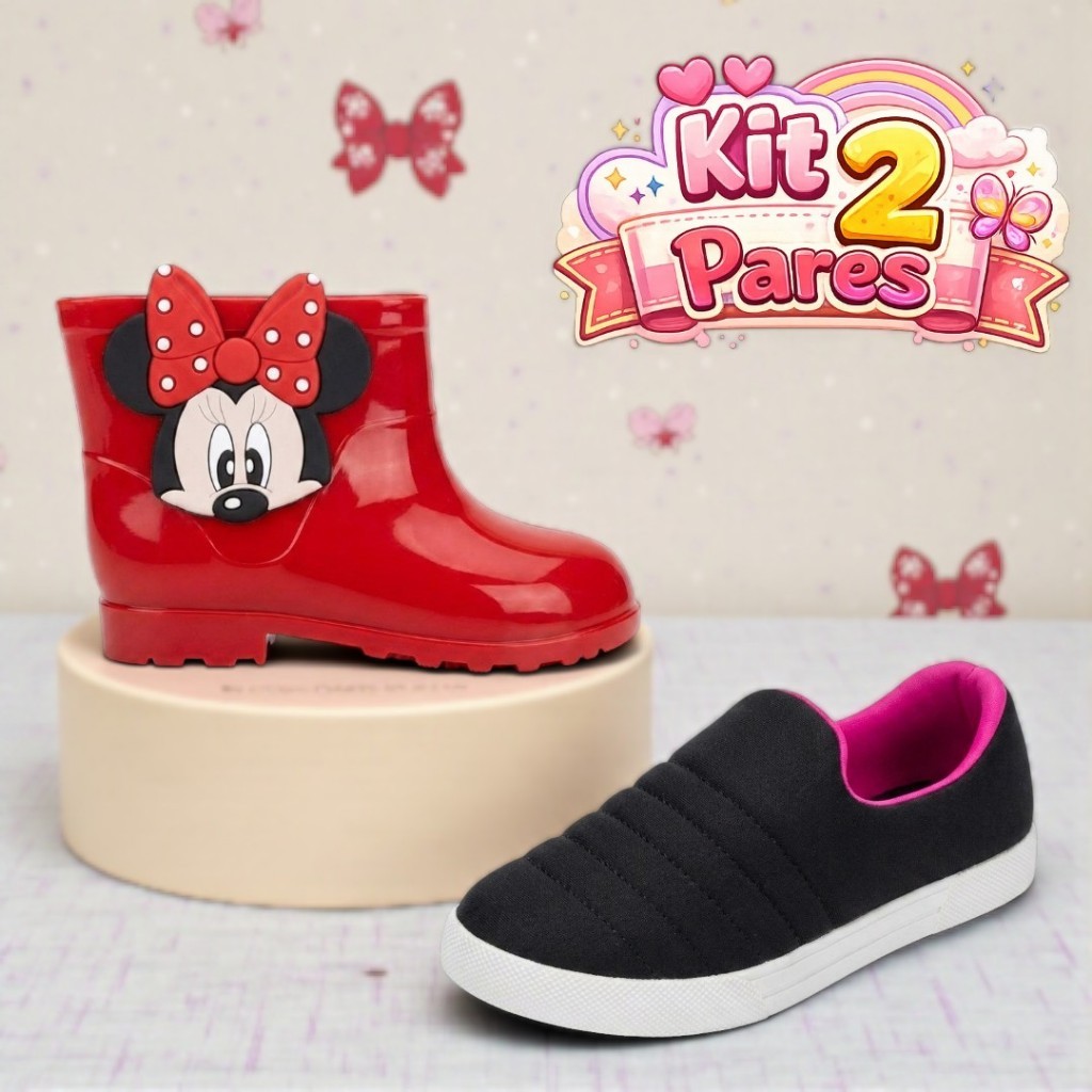 Kit 2 Pares Infantil Menina Galocha e Calce Fácil Macio e Confortável