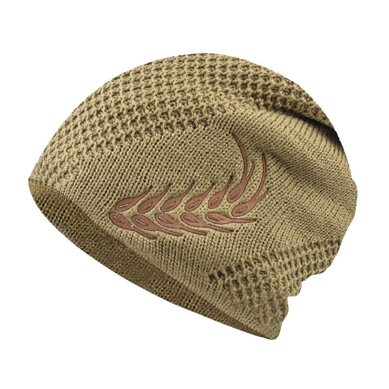 Gorro de inverno forrado com lã para homens, quente, para atividades ao ar livre, com bordado de espiga de trigo, gorro