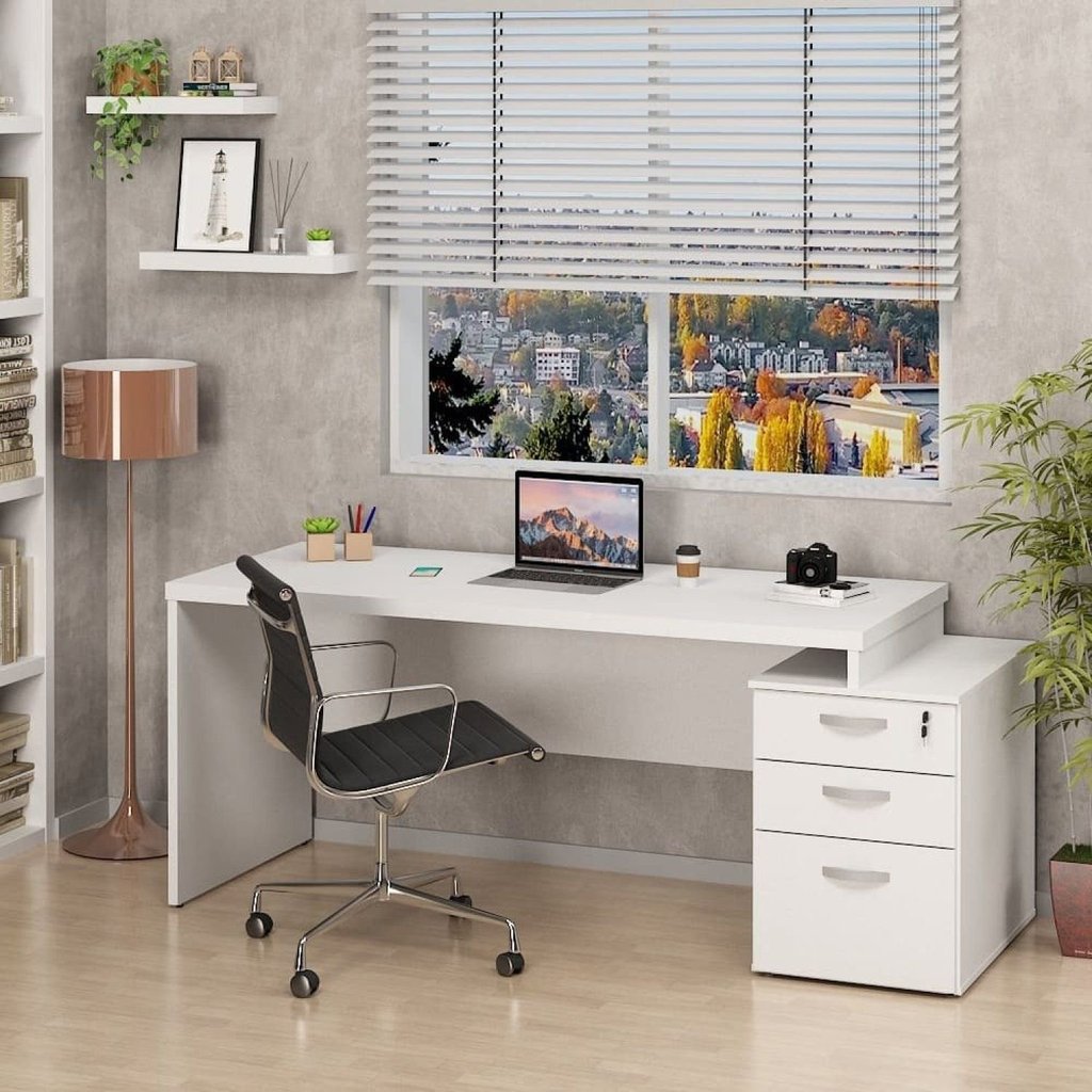 Mesa de Escritório Pedestal 3 Gavetas 190cm Branco Branco