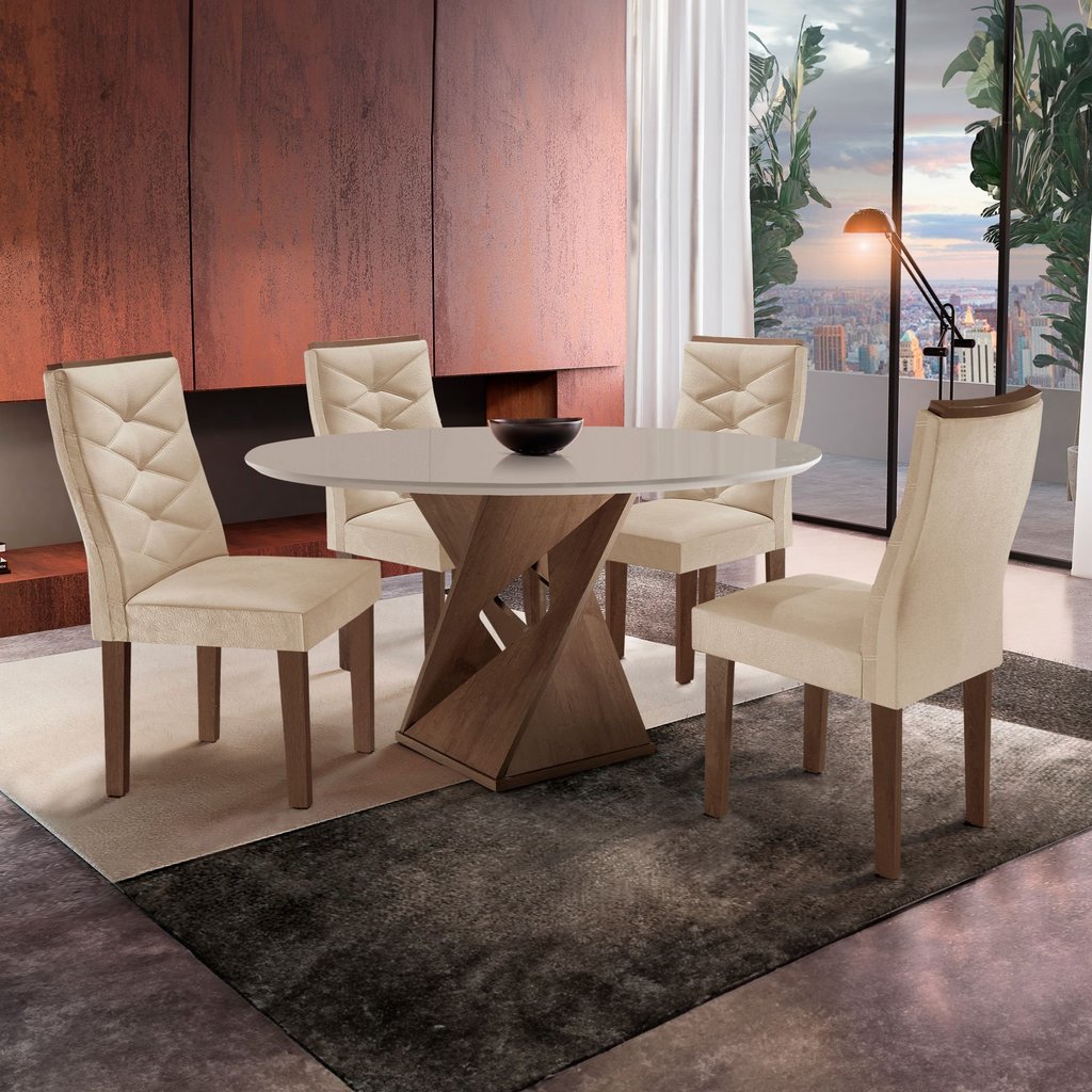 Conjunto Mesa Redonda com 4 Cadeiras Tampo MDF Barcelona Yescasa Chocolate/Off White/Suede Pena Chocolate/Off