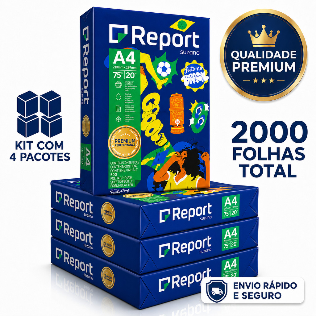 Kit 4 Pacotes de Papel Sulfite Report Folha Ofício Para Impressão A4  com 500 Folhas