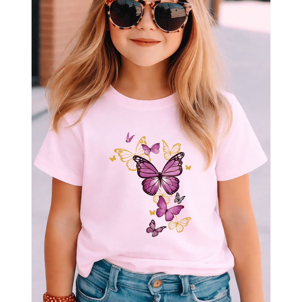 CamisetaT-shirt Infantil Unissex Confortável Leve Casual Algodão  Borboletas Roxa Delicada