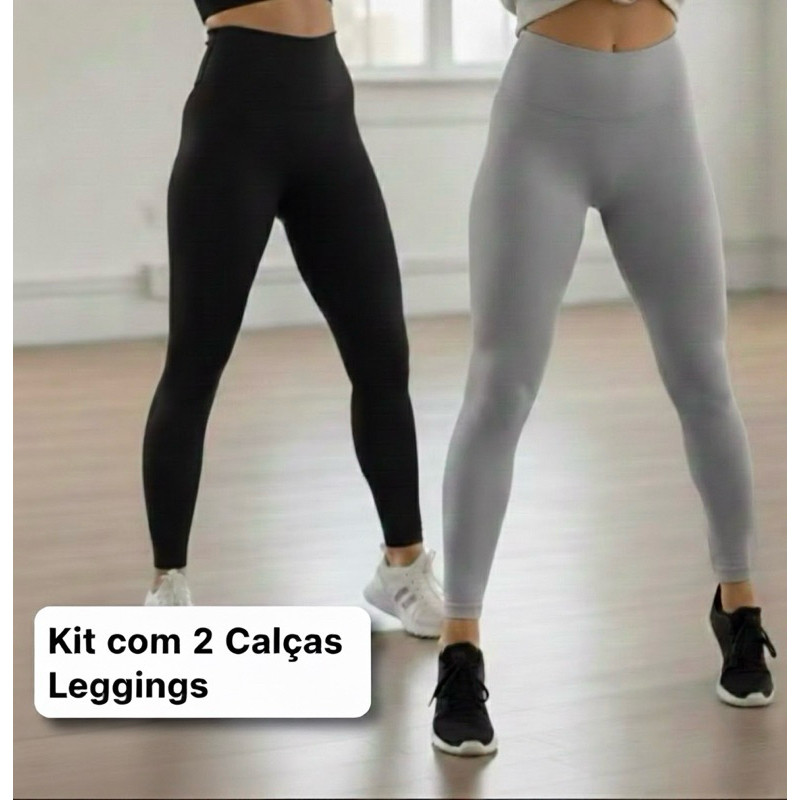 Kit 2 Calças Leggings Feminina Cintura Alta Zero Transparência Academia Fitness Tecido Grosso