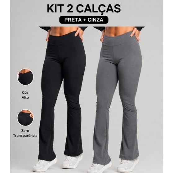 KIT2 Calça Fitness Bailarina Academia Legging Flare Suplex Zero Transparência Feminina