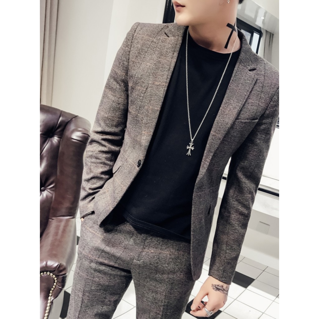 Primavera outono topo masculino estilo britânico rufião bonito xadrez pequeno terno jaqueta masculina versão coreana mag