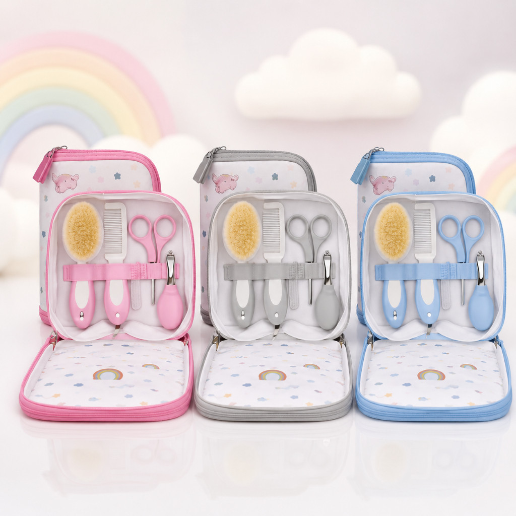 Kit Higiene Infantil 5 Peças Bebê com Estojo Pente Escova Tesoura Cortador de Unha