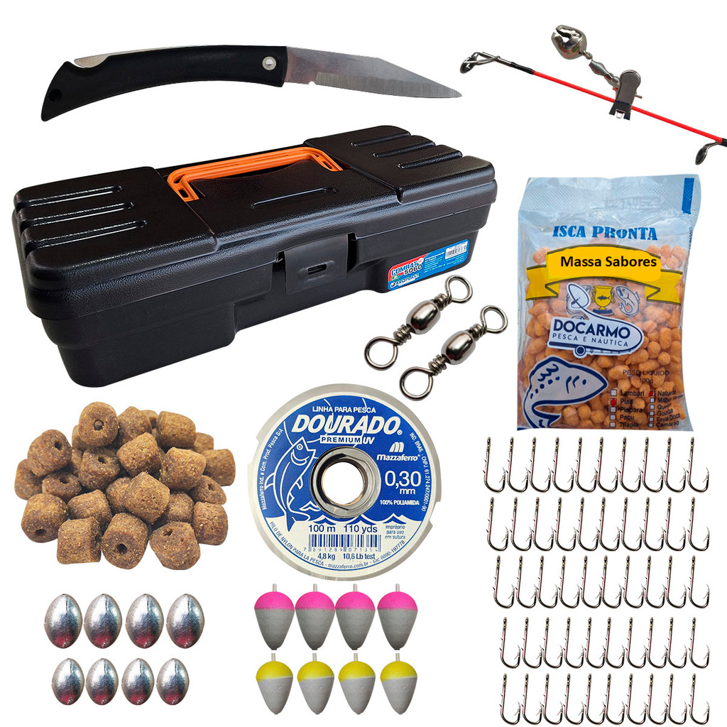 Kit De Pesca Completo Com Maleta Estojo Anzol Chumbada Isca Linha Massa Ração Tralha de Pescaria
