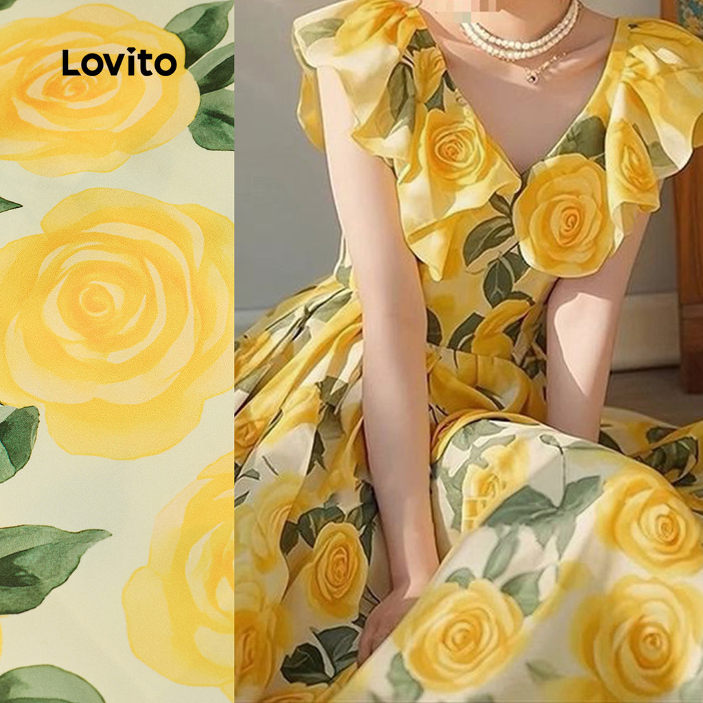 Vestido feminino de verão com babados Floral cintura estreita A-Hem-DRB150P2D144 em Oferta na Shopee