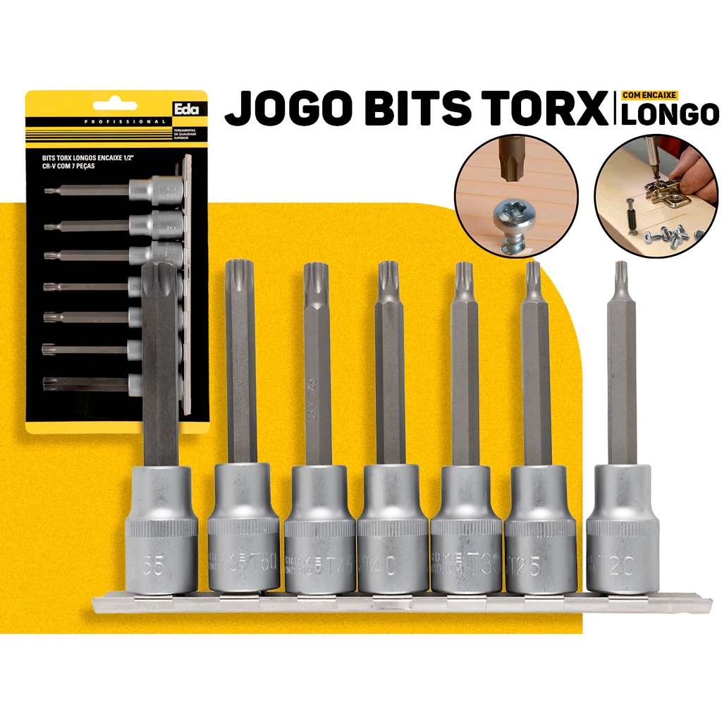 Jogo De Bits Torx Longos Encaixe 1/2 Cr-v 7 Peças Profissional Resistente Ferramenta Mecânica Automotiva Reparos Eda