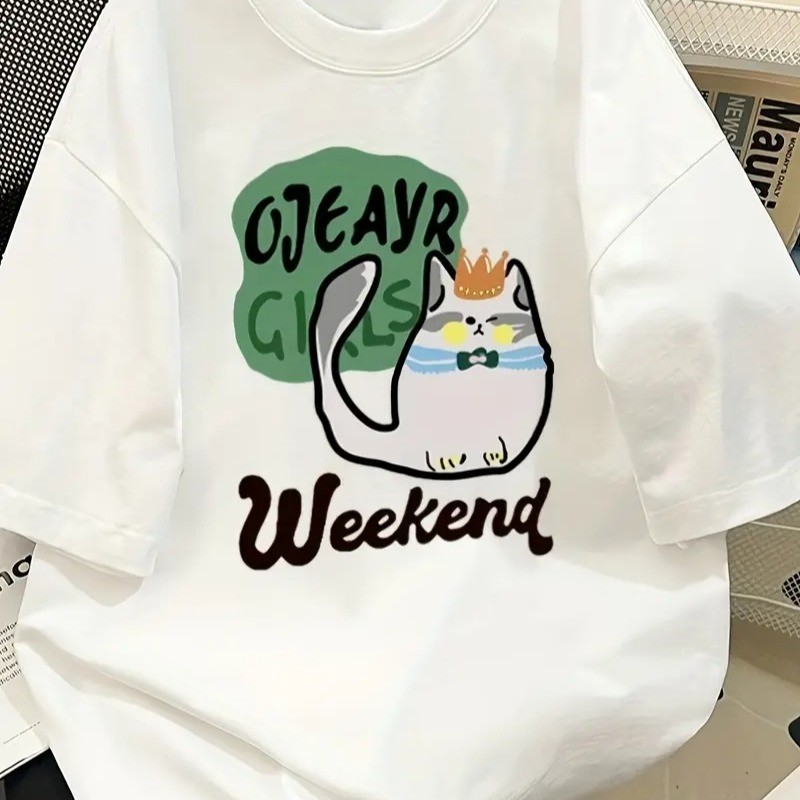 Bonito Camiseta Feminina Estampada De Gato, Nova Moda De Verão, Camiseta Solta Macia E Confortável