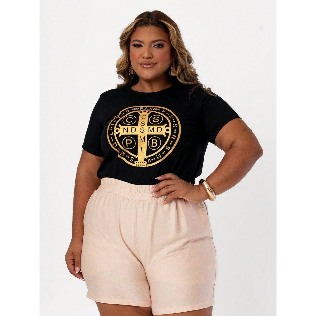 Blusa Feminina Plus Size de Algodão Medalha de São Bento em Oferta na Shopee