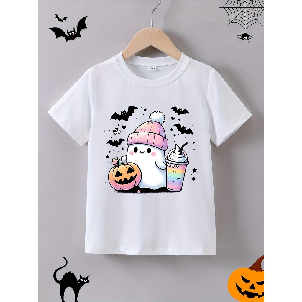 Camiseta Feminina Premium Halloween, Fantasma Fofa Abóbora, Oversized 100% Algodão Confecção Própria
