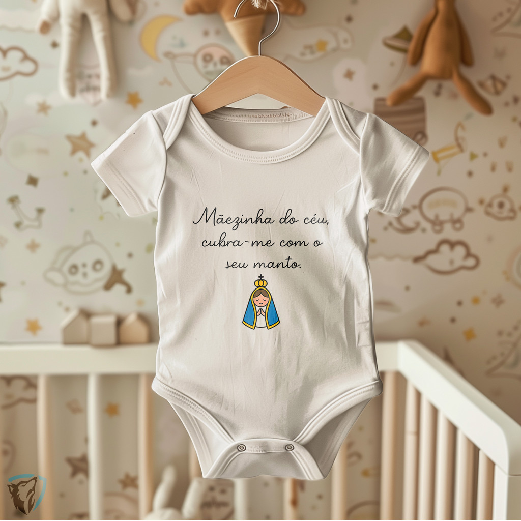 Body Infantil l Religioso | Frase “Mãezinha do Céu cubra-me com o seu manto”