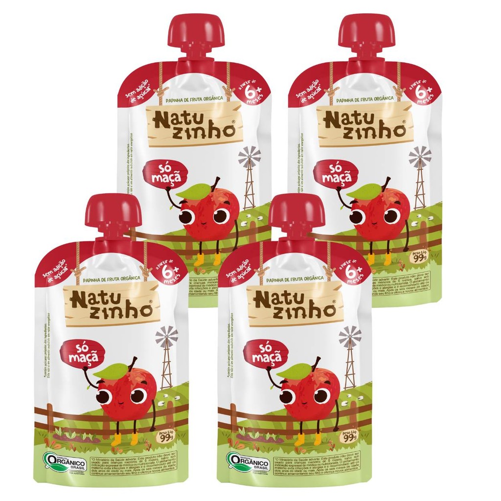 Kit Papinha Organica Natuzinho Maça Bebe 4 unidades