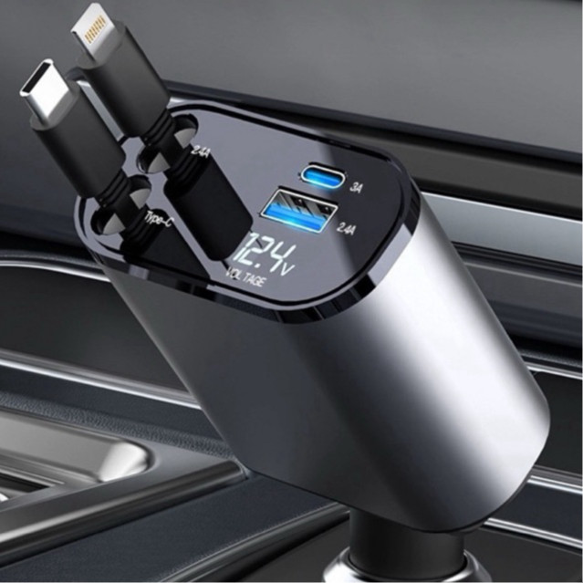Carregador de carro retrátil, carregador rápido de para carro 4 em 1 para iPhone e Android