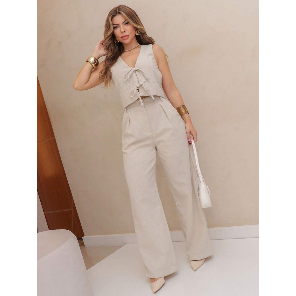 Lulurunmoda -Conjunto Feminino de Viscolinho com Colete Decote Em ``V`` -S905 em Oferta na Shopee