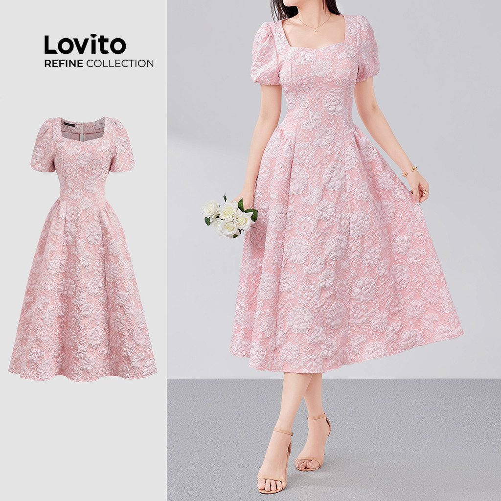 (Lovito Refine) Vestido Boho Jacquard Estruturado Linha Primavera/verão Rosa para Mulheres LR18E055