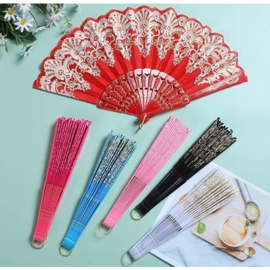 GUIANA KIT 12PCS Leque de tecido Colorido estampado plastico Com Glitter