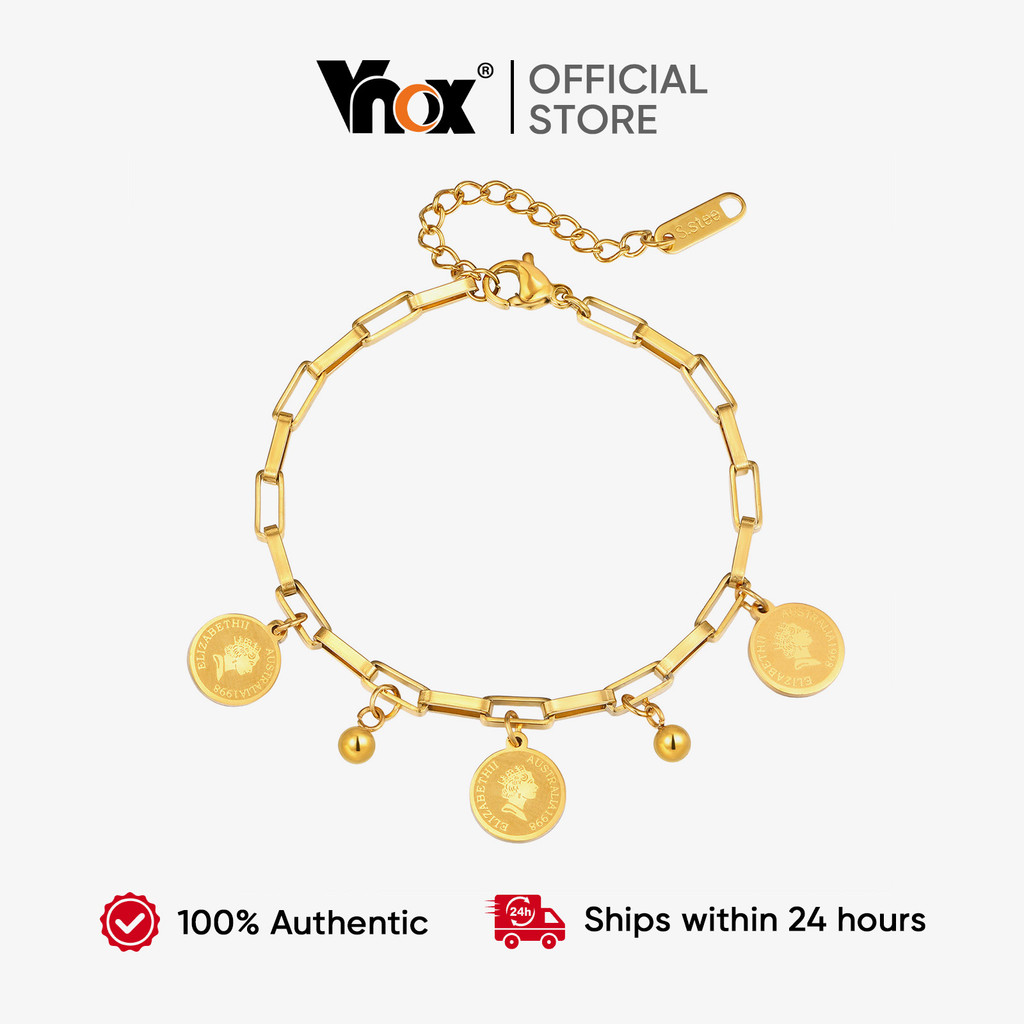 Pulseira Vnox Banhada A Ouro 18K Elizabeth Queen Com Contas E Corrente Para Mulheres Meninas