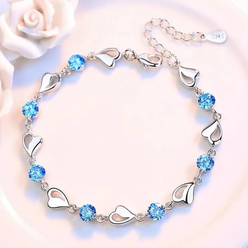 S925 prata oceano coração ajustável pingente senhoras pulseira brilhante azul cristal jóias festa presente + caixa em Oferta na Shopee