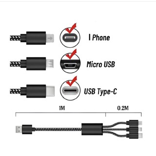 Cabo de Carregador de Celular 3 Em 1 Micro USB (V8), USB Tipo C e iPhone Lightning 6A 1,2m em Oferta na Shopee