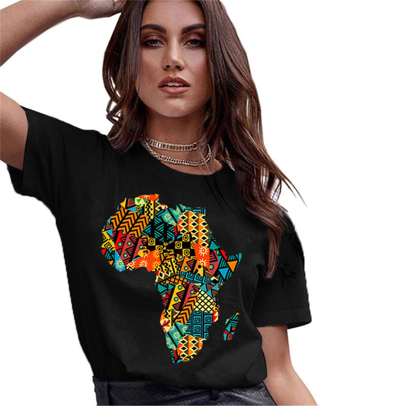 Camiseta Premium Moda Africana Basemap Estampada Feminina Camiseta Premium Preta Casual 100% Algodão CMS IMEDIATO