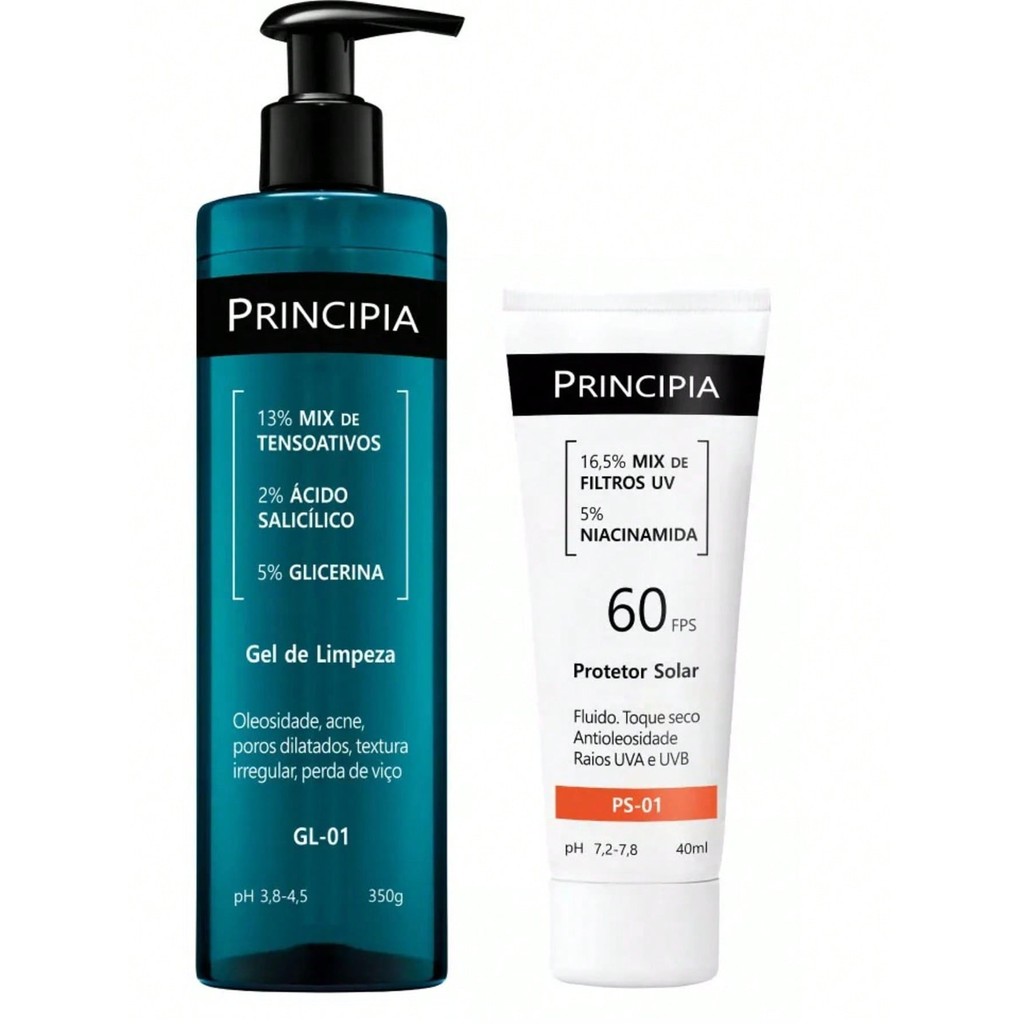 Kit Principia Gel de Limpeza GL-01 + Protetor Solar FPS 60 PS-01 - Cuidados Faciais Completo