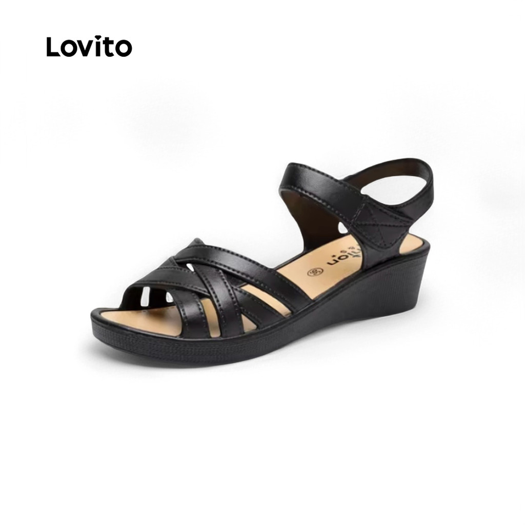 Lovito Sandálias planas casuais lisas cruzadas para mulheres LFA66218