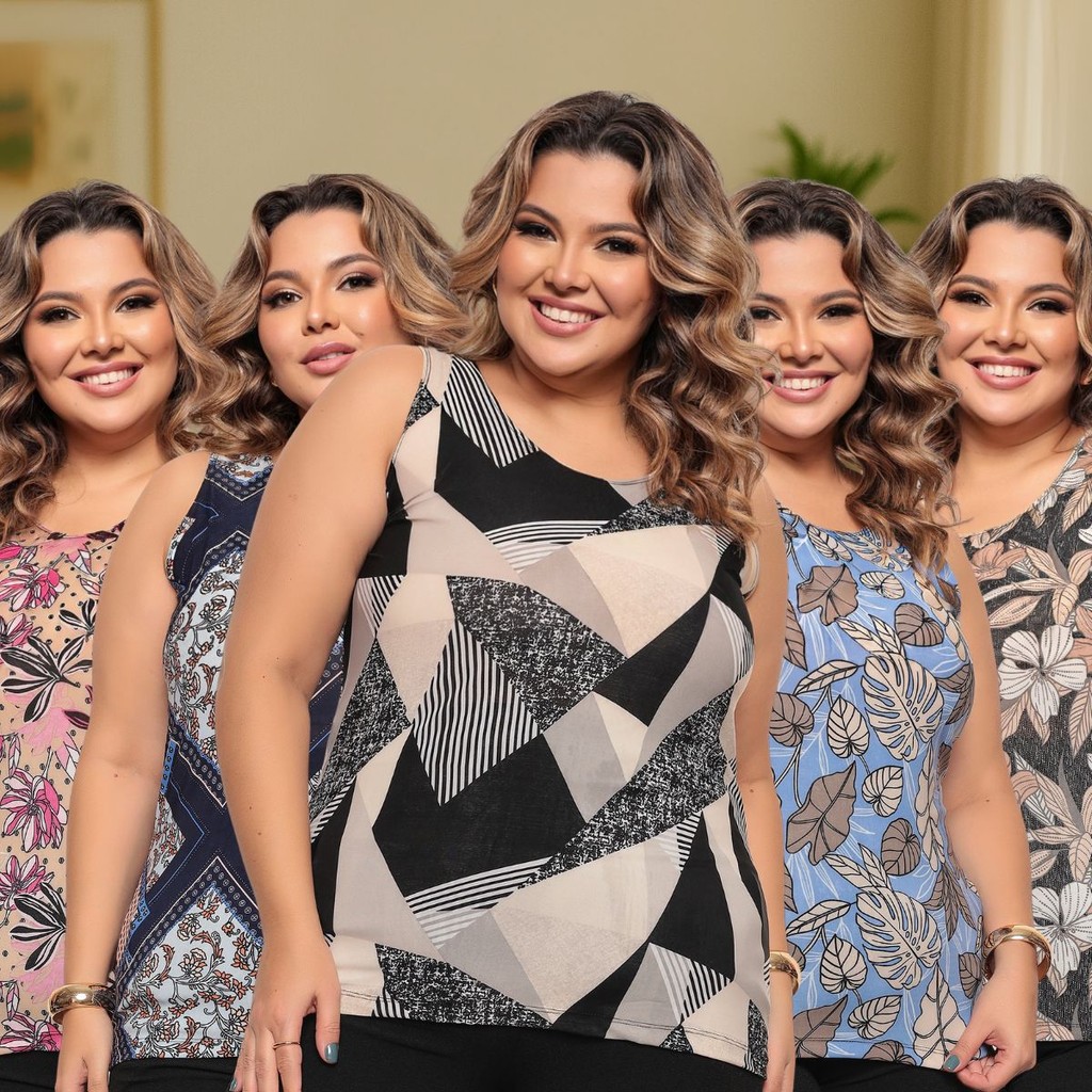Kit 5 Blusas Feminina Plus Size Liganete Regata Estampada Soltinha e Confortável Veste até 50