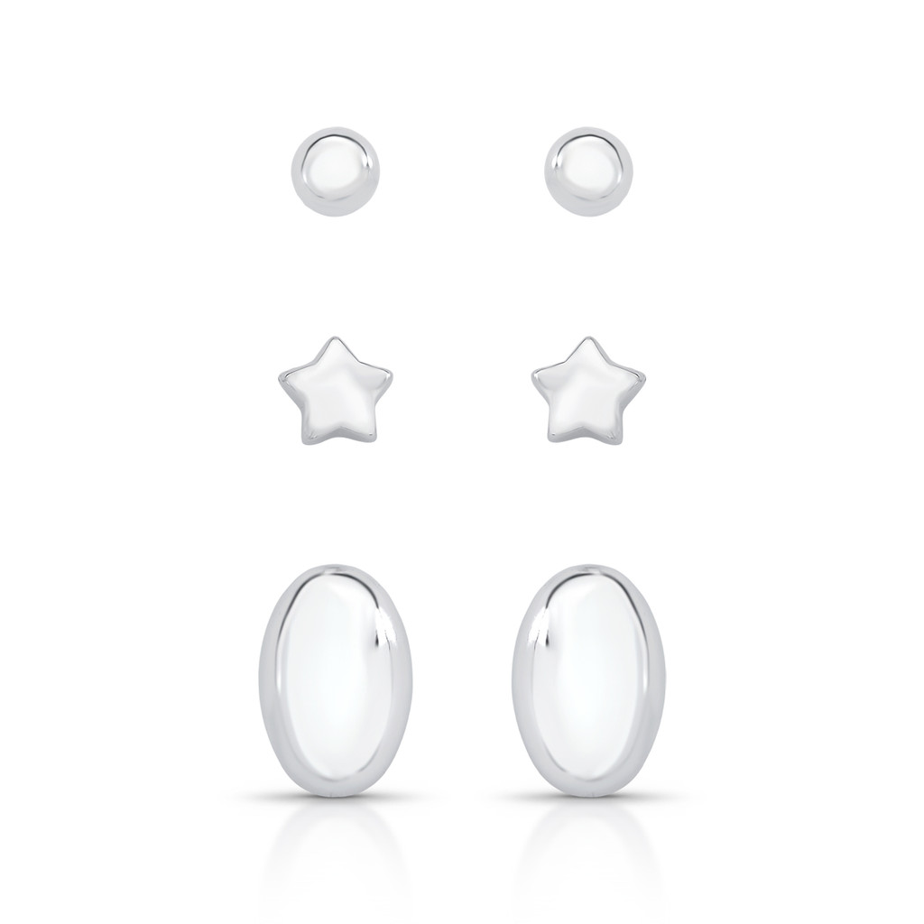 Kit 3 Pares de Brincos em Prata Estrela, Bolinha e Oval