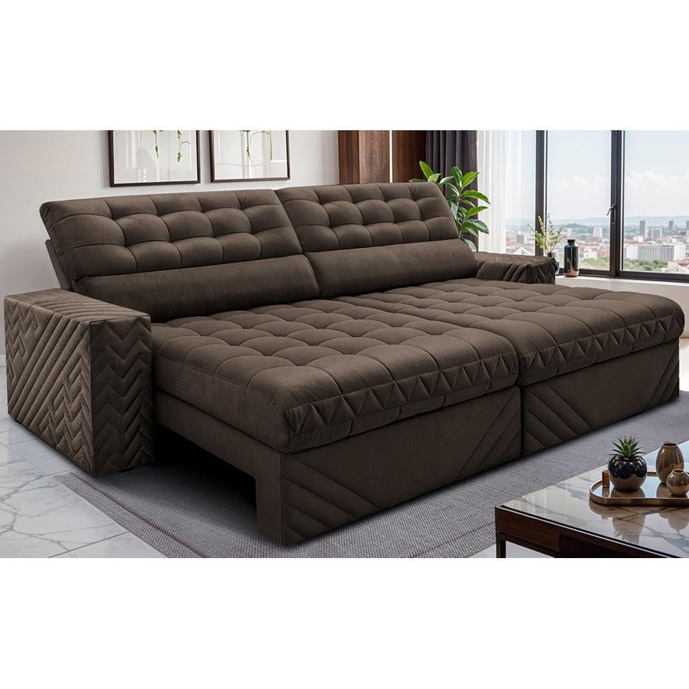 Sofá Retrátil e Reclinável 2,50m Molas Ensacadas Max Spring Velusoft Café Cama inBox em Oferta na Shopee