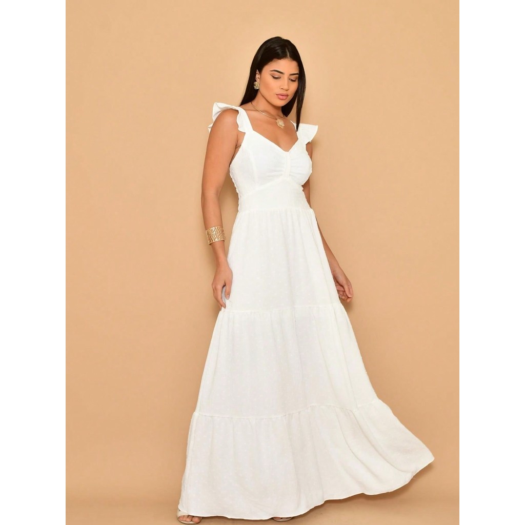 Vestido longo luxo franzido duna com babada na manga