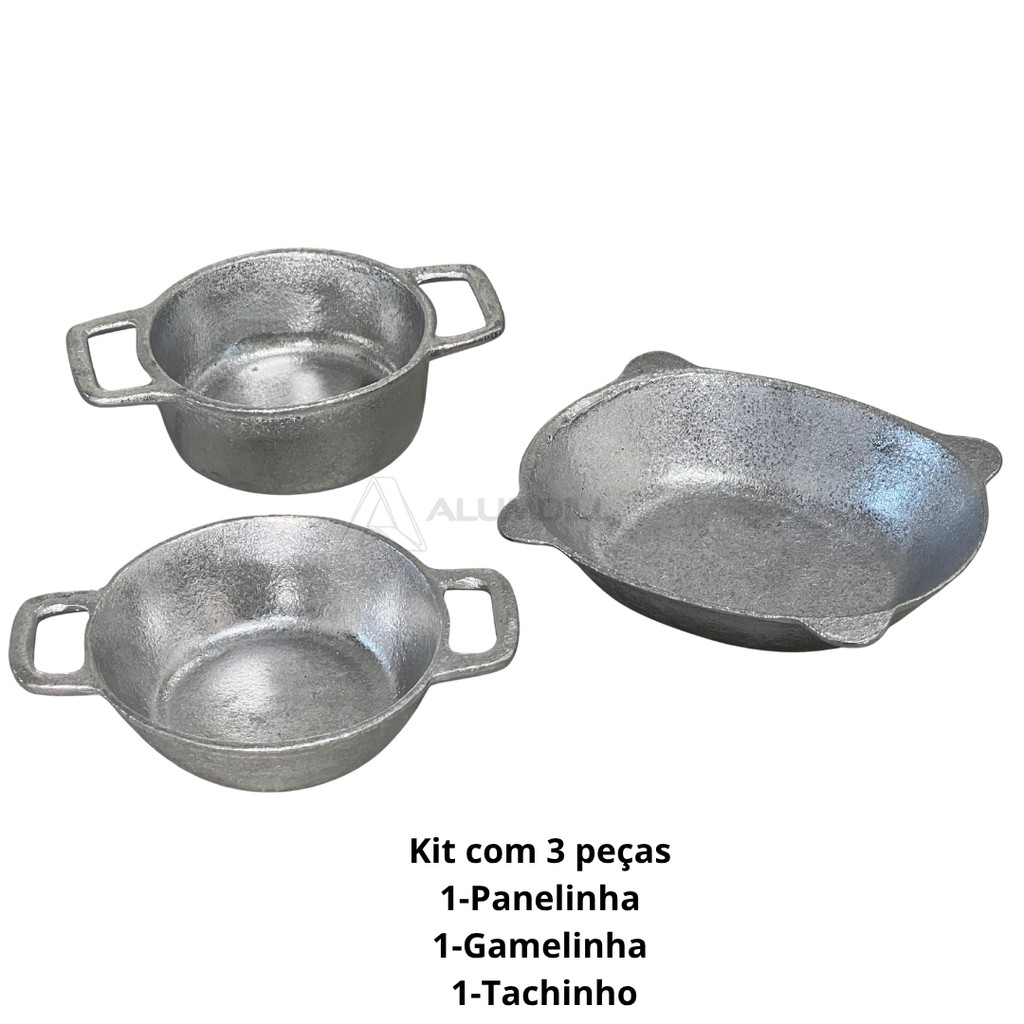 Kit 3 peças de Miniaturas de Panelas de Alumínio, Tacho, Gamela e Caçarola Mesa Posta