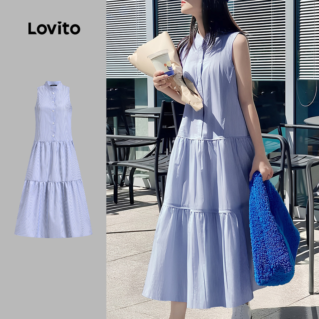 Lovito Vestido Casual Listrado Em Camadas Com Botão Primavera/Verão Azul Para Mulheres L134LD048 em Oferta na Shopee