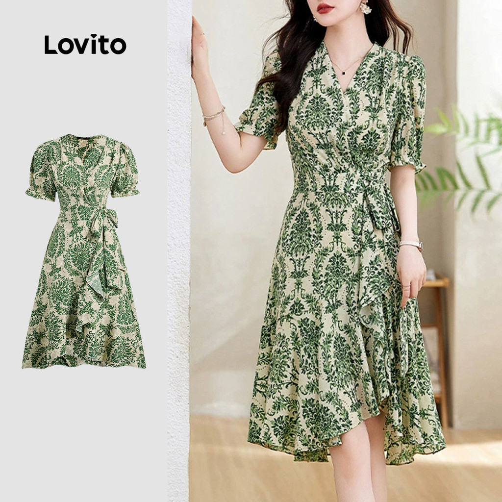 Lovito Vestido Elegante Com Babados Estilo Nacional Verde Para Mulheres Ideal Para Primavera/verão L138ED030 em Oferta na Shopee