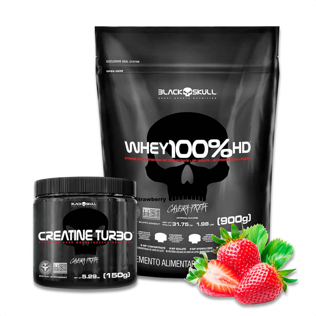 Kit Whey 100% Black Skull HD Refil - 900g Sabor Morango + Creatina Turbo Black Skull Monohidratada 150g - Sem Sabor 